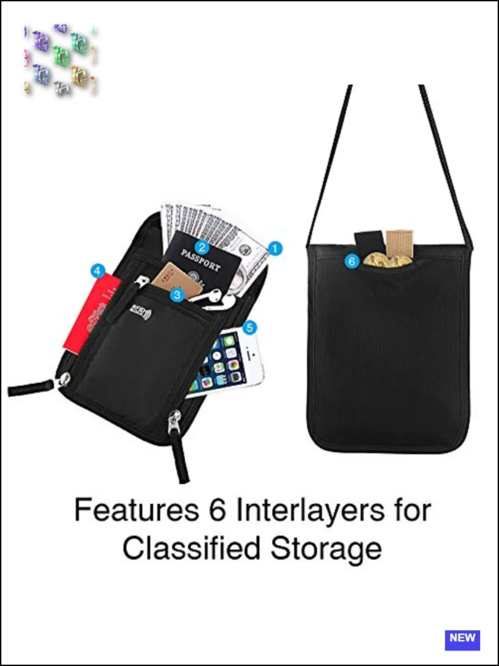 RFID Blocking Travel Pouch Neck Wallet Passport Holder Organizer with 6